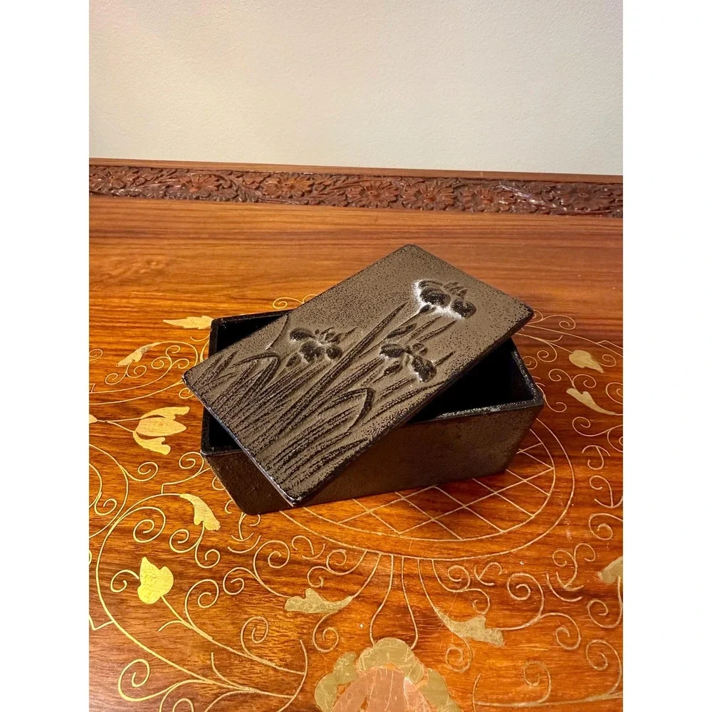 Vintage Cast‎ Iron Jewelry Box with Iris Relief Design